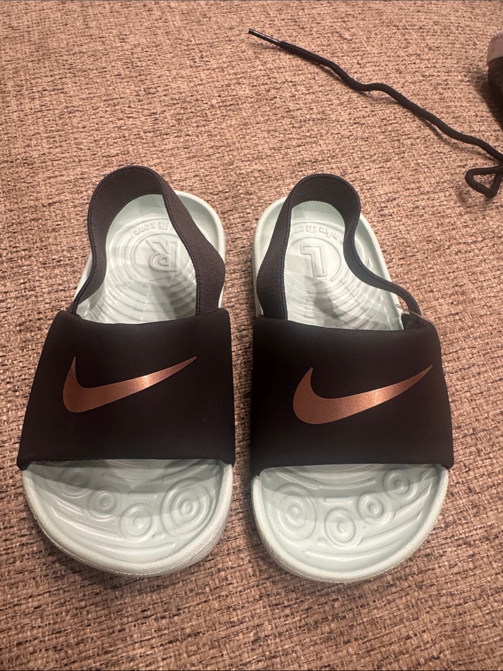 Nike Women's Black Slide Sandals with Copper Swoosh and Light Mint Footbed